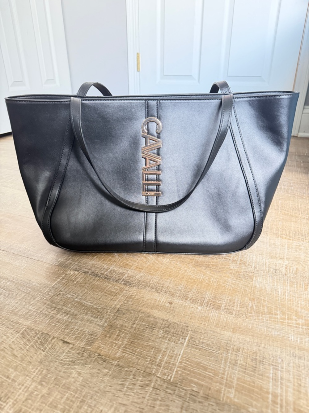 Cavalli Class Black Leather Tote with Logo Charm